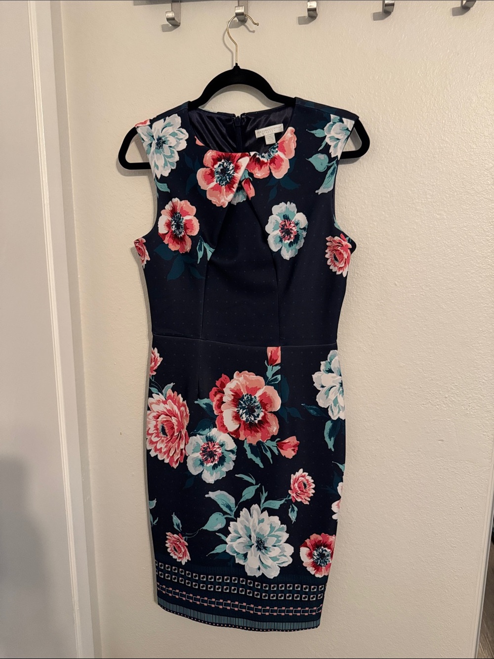 New York & Company Navy Floral Midi Sheath Dress with Coral & Teal Blooms